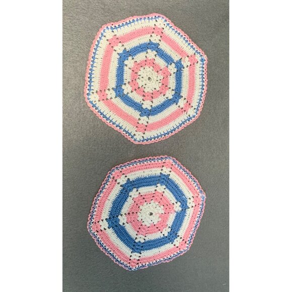 Handmade Crochet Doilies Set of 2 Rainbow Hexagon Pink Blue White 7" Diameter - Picture 8 of 8